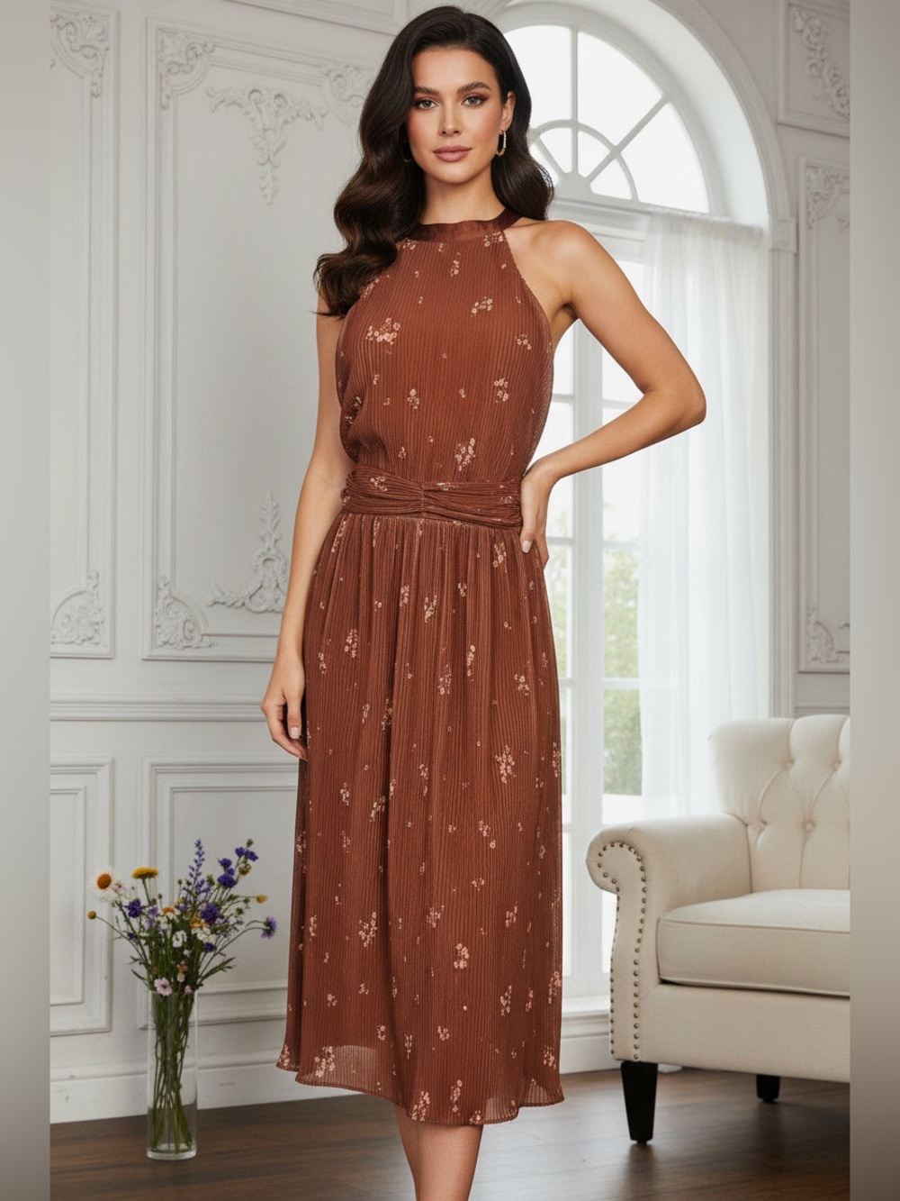 Women’s Brown Floral Halter Pleated Dress